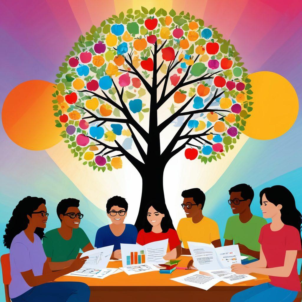 A diverse group of enthusiastic teenagers engaged in various assessment activities, surrounded by colorful charts and graphs symbolizing growth and potential. The background features a vibrant tree of knowledge, with blossoming ideas and achievements represented as fruits. Soft rays of sunlight illuminating their faces, conveying hope and inspiration. Illustrate this scene in a playful, modern vector art style. vibrant colors.