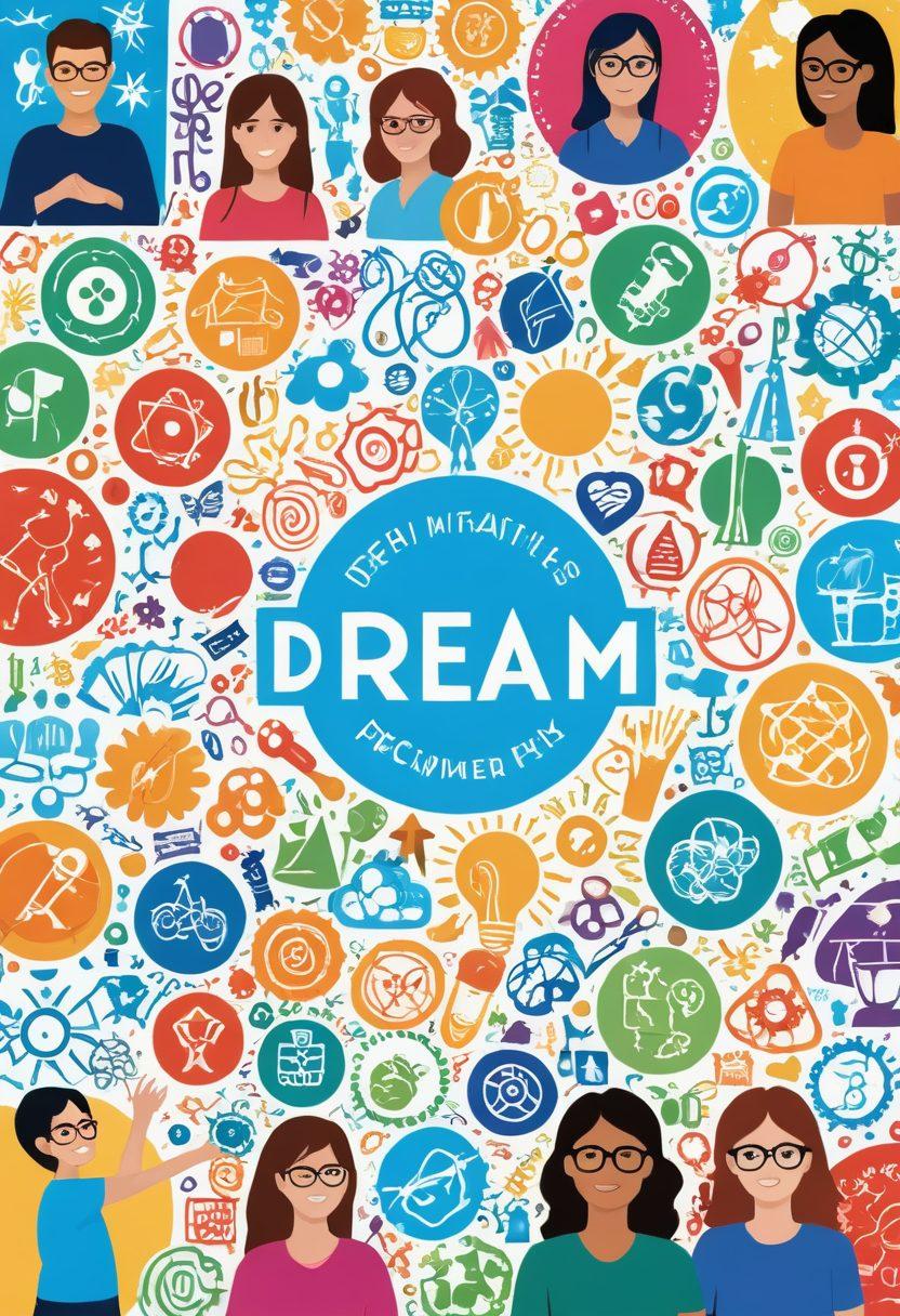 A vibrant collage of diverse teenagers engaged in various development activities like art, science experiments, sports, and technology. Each activity is represented by colorful icons and tools surrounding them, symbolizing growth and potential. The background features a bright sky with motivational words like 'dream', 'create', and 'achieve' subtly integrated. Emphasize inclusivity and positivity. cartoon style. vibrant colors.