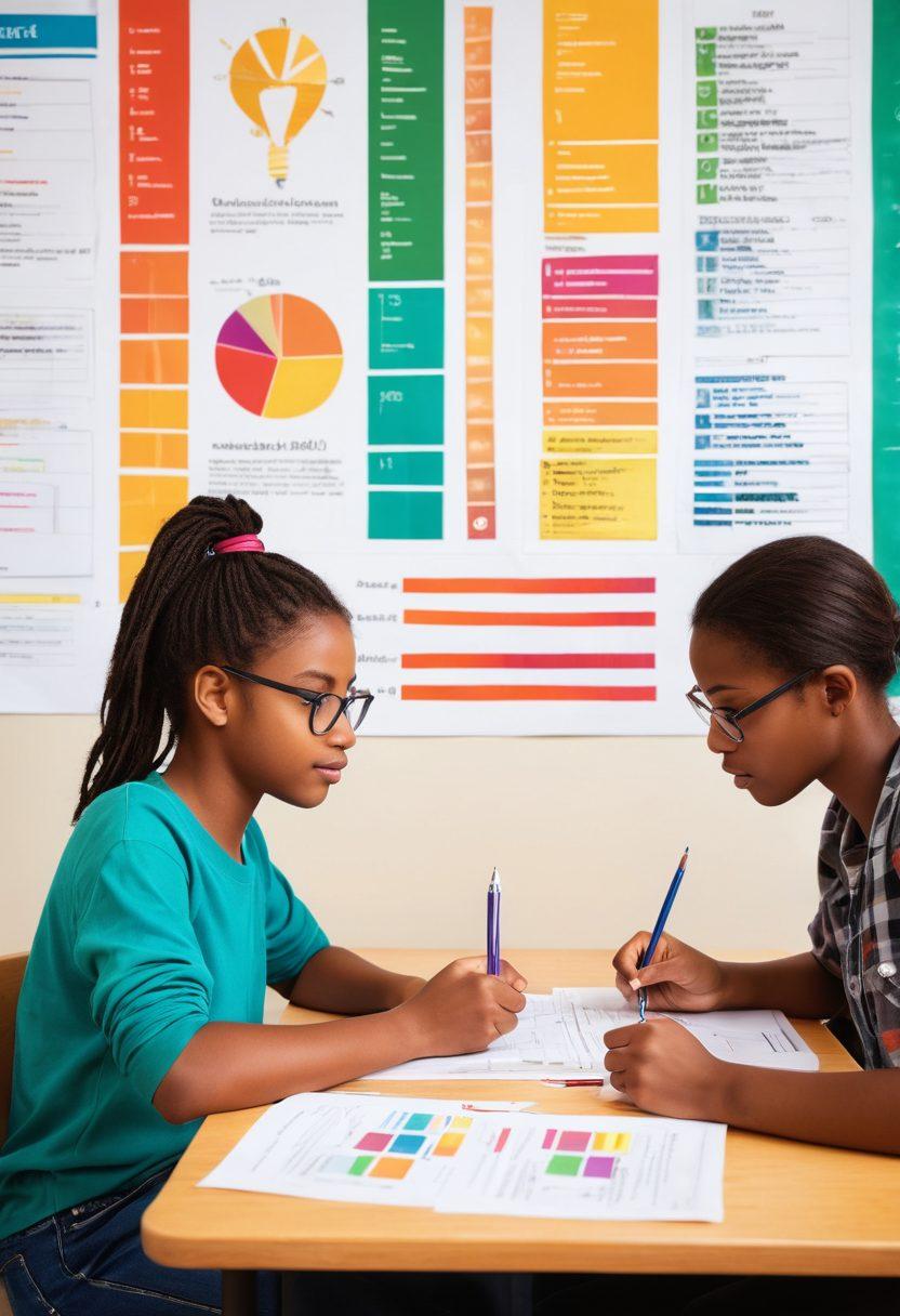 A dynamic collage featuring a group of diverse adolescents engaged in various evaluation methods, such as taking quizzes and filling out surveys. The background should depict a classroom setting filled with colorful posters and educational materials, symbolizing growth and learning. Incorporate elements like charts and graphs to represent growth metrics. The overall mood should be energetic and optimistic, reflecting the theme of development through evaluation. vibrant colors. super-realistic.